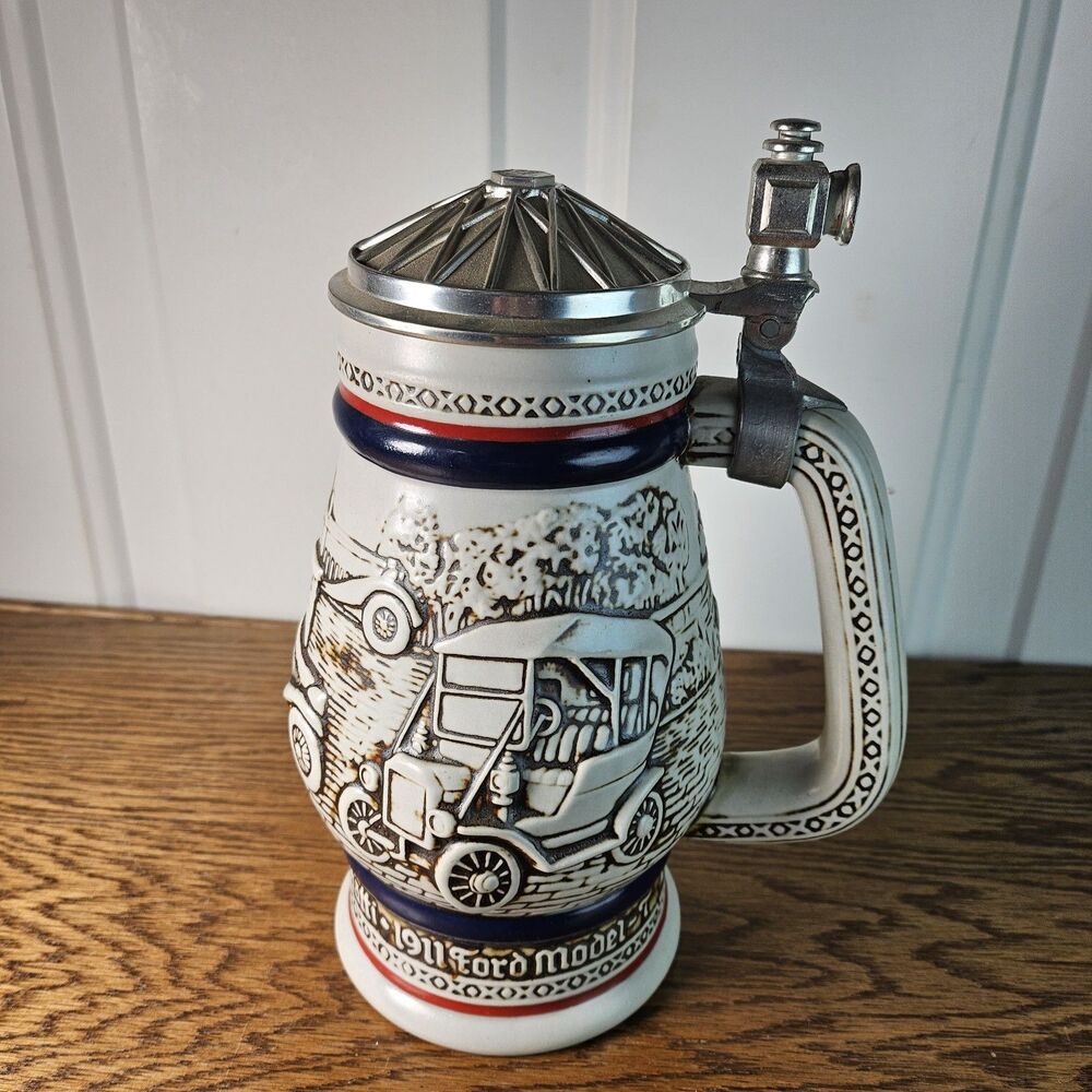 Vintage Avon 1979 Beer Stein with 1910 Stanley Steamer, 1911 Ford Model-T